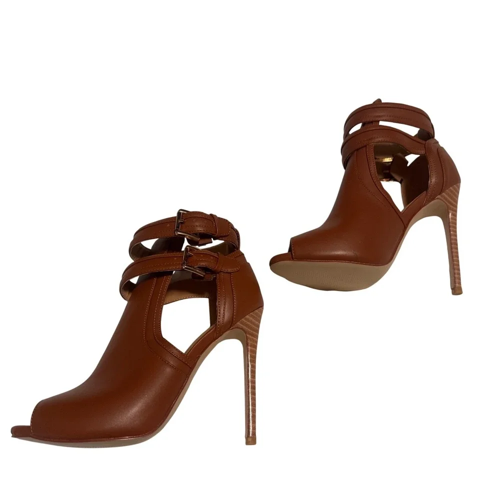 Cognac Brown Peep Toe Stiletto Booties Double Buckle Ankle Strap Cut Out Size 10